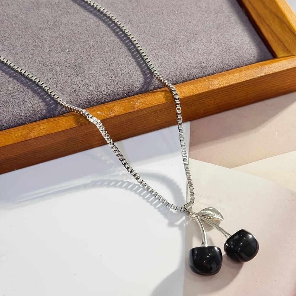 NEW Silver Necklace with Black Cherry Charm, Cherry Jewelry, Retro Jewelry, y2k
